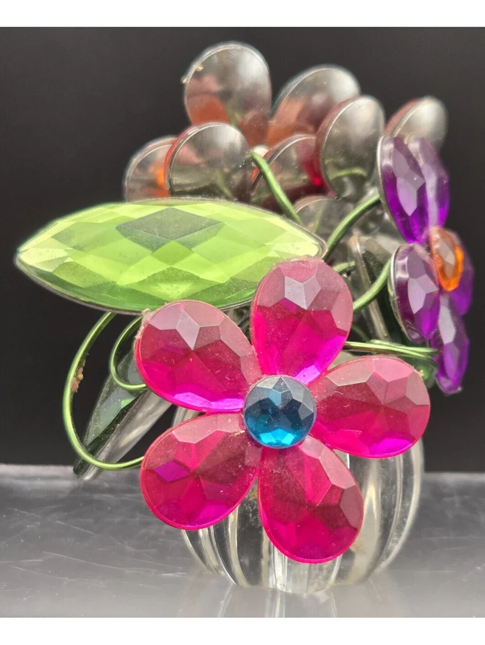 Crystal Expression Ganz 5 Flower Posy Pot Pinks Clear Green Blue Appx 3” Tall